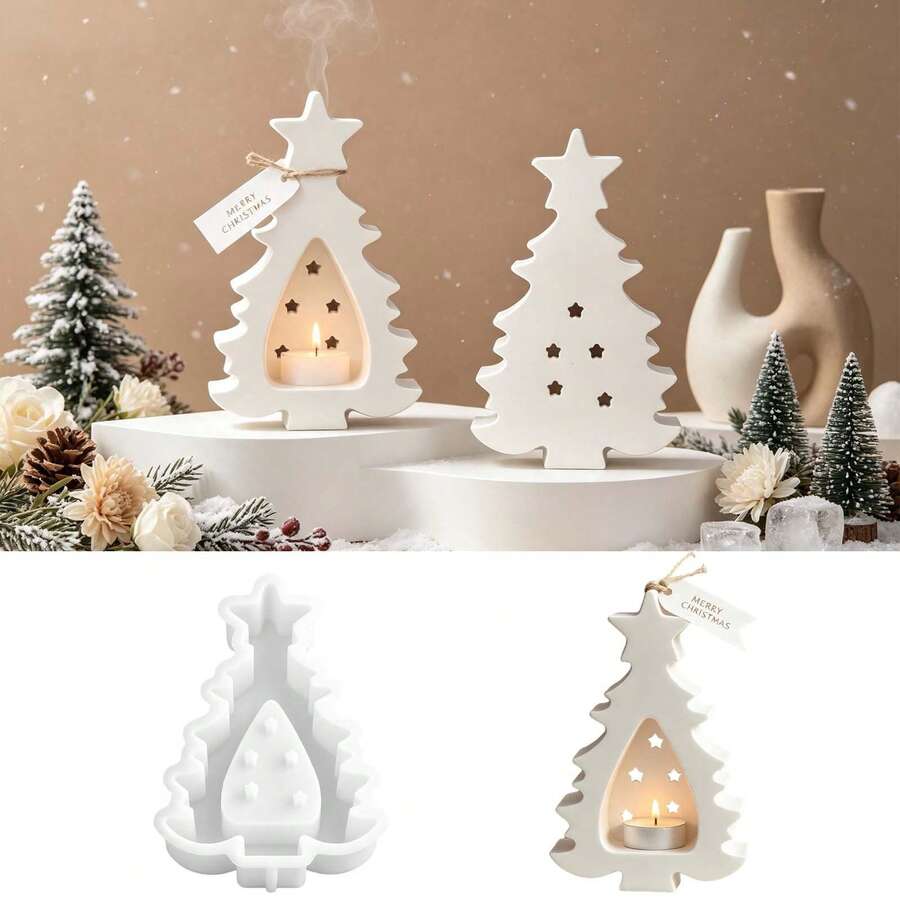 1pc Christmas Tree Candle Holder Silicone Mold, Star Hollow Tea Light Candlestick Resin Plaster Mold For Xmas Home Decor DIY Aromatherapy Craft - Multiple Styles - View 1