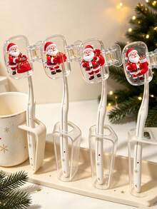 4pcs/1pc Christmas Themed Toothbrush Caps, Cartoon Santa Claus & Chihuahua Pattern, Portable Transparent Toothbrush Head Covers, Moisture-Proof & Dust-Proof, Suitable For Travel & Home Use, Perfect Christmas Gift - Multicolor - View 1