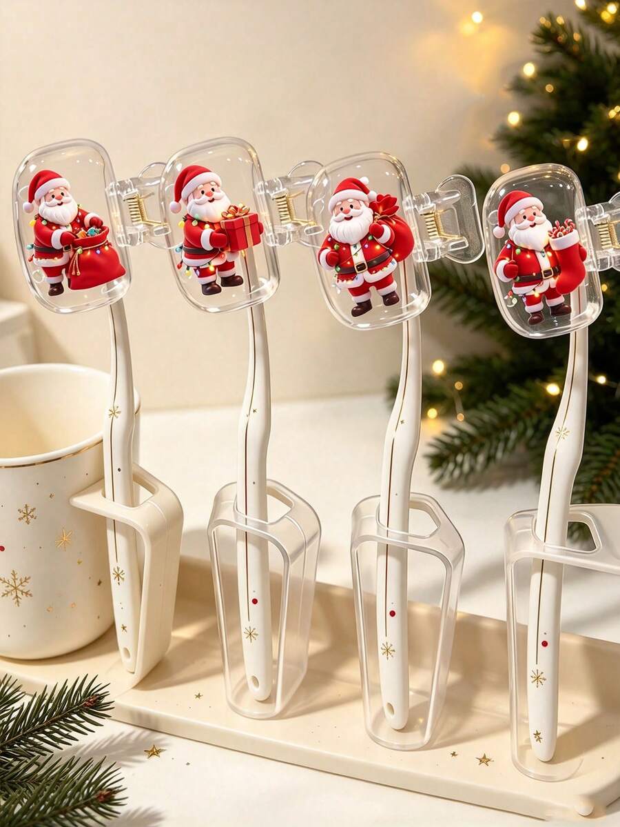 4pcs/1pc Christmas Themed Toothbrush Caps, Cartoon Santa Claus & Chihuahua Pattern, Portable Transparent Toothbrush Head Covers, Moisture-Proof & Dust-Proof, Suitable For Travel & Home Use, Perfect Christmas Gift - Multicolor - View 1