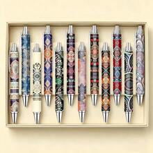12pcs Bohemian Pattern Retractable Ballpoint Pens, Vintage Pop Print Smooth Writing Metal Click Pens, Aesthetic Stationery Gift Set, Suitable For Women, Students, Office And School Supplies - Pen - View 6