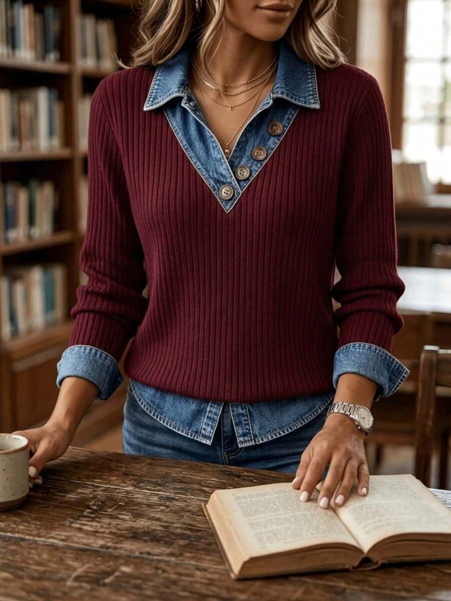 Lady's Two-Piece Long-Sleeved Knitted Top, Denim Collar V-Neck Buttoned ...