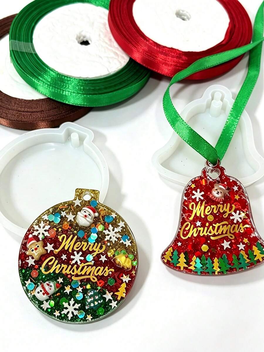 1套聖誕樹脂填充材料套裝－含3色緞帶、矽膠模具、金色Merry Christmas自黏貼紙，適用於DIY手工藝、樹脂禮品填充、節日鑰匙圈與珠寶配件