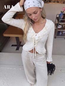ARA CHIC Romantic Coquette Tie Front Cropped Top, Textured Fabric Double Ruffle Trim V Neck Flared Long Sleeve Irregular Hem Feminine Blouse For Date - White - View 2