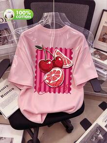 Women's Short Sleeve Crew Neck T-Shirt, Casual Style Cherry Pattern/Fruit Print, Suitable For Summer, 100% Cotton Pink - Pink - View 8