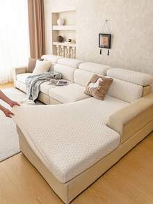 1pc Solid Color Fleece Material Elastic Sofa Cover, Pet-Friendly Scratch-Resistant All-Season Use, Machine Washable Non-Fading, Suitable For 2-4 Seater L-Shaped Sofa Backrest Cover - Beige - View 6