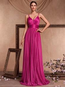 Women's Elegant High Waist Pleated V-Neck Sleeveless Metallic Silver Knit Maxi Dress With Oversized A-Line Silhouette Fall Wedding Party - Hot Pink - View 2