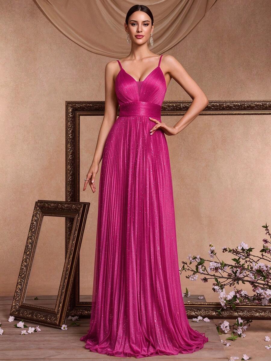 Women's Elegant High Waist Pleated V-Neck Sleeveless Metallic Silver Knit Maxi Dress With Oversized A-Line Silhouette Fall Wedding Party