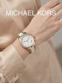 Michael Kors MK6939 Women's Ritz Series Gold & Silver Two-Tone Stainless Steel Quartz Chronograph Watch, 38mm White Dial With Diamond-Studded Bezel, Date Display, Luxury Commuter Style - White - View 6