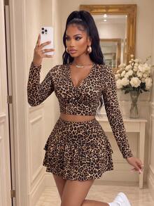 Women's Sexy Leopard Print Two Pieces Outfit With Deep V-Neck Crop Top And Tiered Ruffle Mini Skirt, Perfect For Parties And New Year's Eve - Leopard Brown - View 1