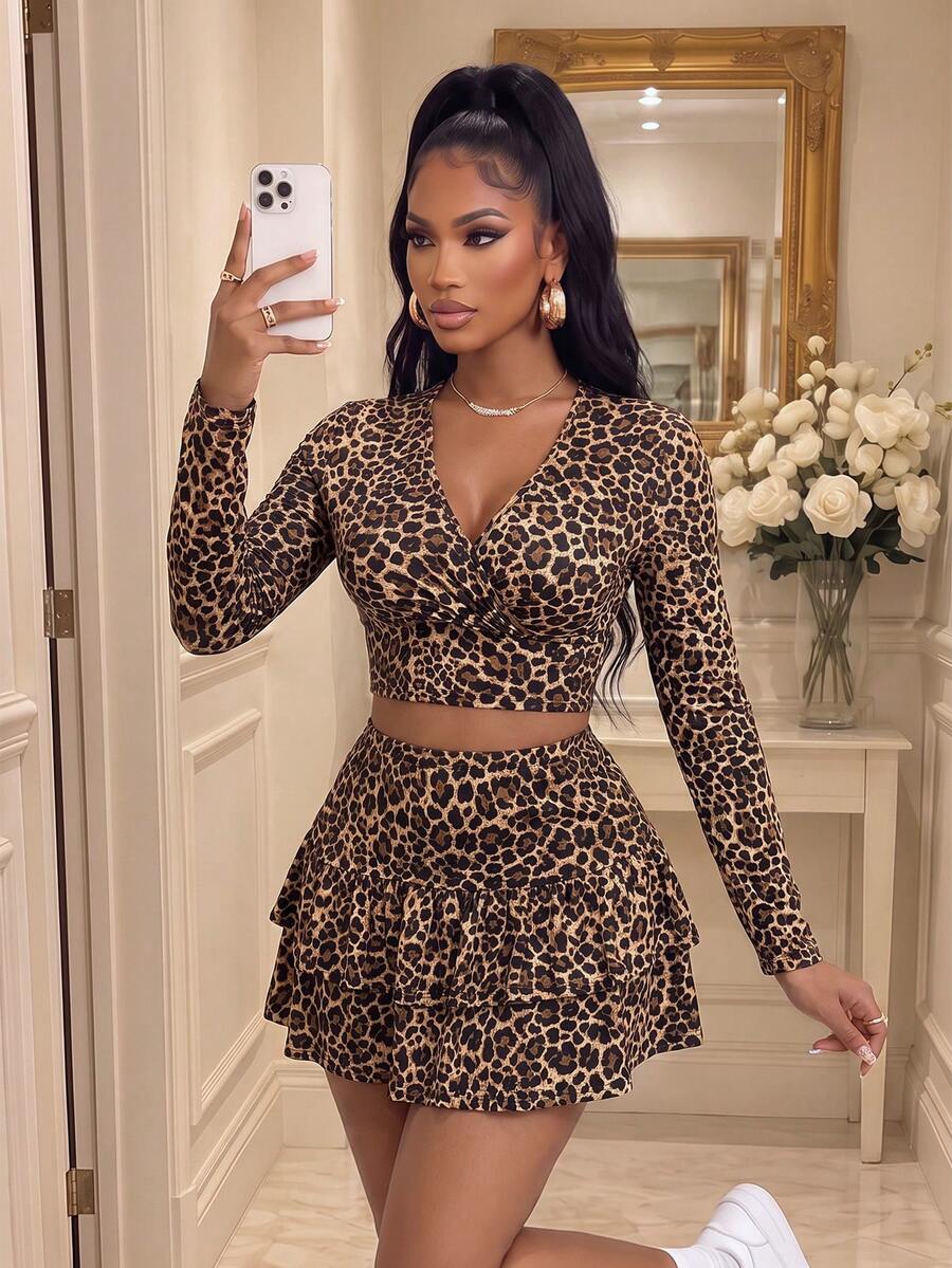 Women's Sexy Leopard Print Two Pieces Outfit With Deep V-Neck Crop Top And Tiered Ruffle Mini Skirt, Perfect For Parties And New Year's Eve - Leopard Brown - View 1