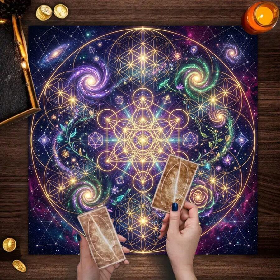 1 buah Kain Tarot Geometri Suci Bunga Kehidupan Kubus Metatron Kain Altar Galaksi Kosmik Langit Berbintang Taplak Meja Pembacaan Tarot Penyihir Alas Ramalan Wiccan untuk Kartu Tarot - Hitam - View 1
