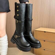 Autumn/Winter Round Toe Thick Sole High Shaft Riding Boots For Women, Double Buckle With Rivet Decor Vintage Western Style Long Fashion Boots - Black - View 4