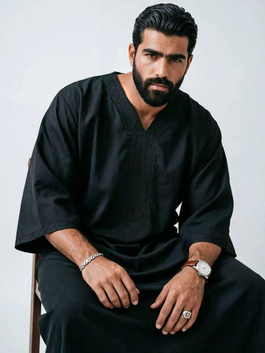 Men's Moroccan Short Sleeve Embroidered Long Robe Traditional Gandoura Thobe With Side Pockets, Islamic Men's Loungewear - Black - View 1