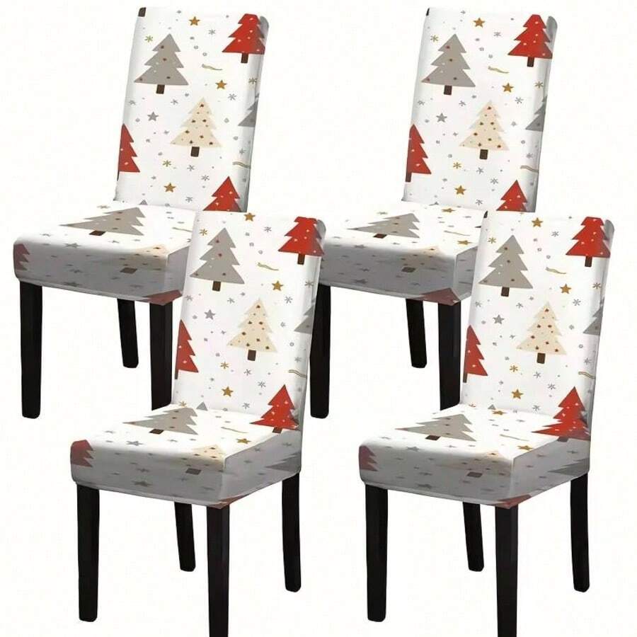 2Pcs/4Pcs/6Pcs Christmas Chair Covers, Simple Christmas Tree & Star Print Stretch Dining Chair Slipcovers, Removable Washable Chair Protector For Xmas Home Dining Room Decor - Beige - View 1