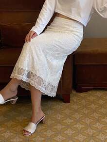 Livesso Beige Lace Patchwork Sheer Tulle High Waist A-Line Elegant Sweet French Style Mid-Length Skirt Fall - Apricot - View 6