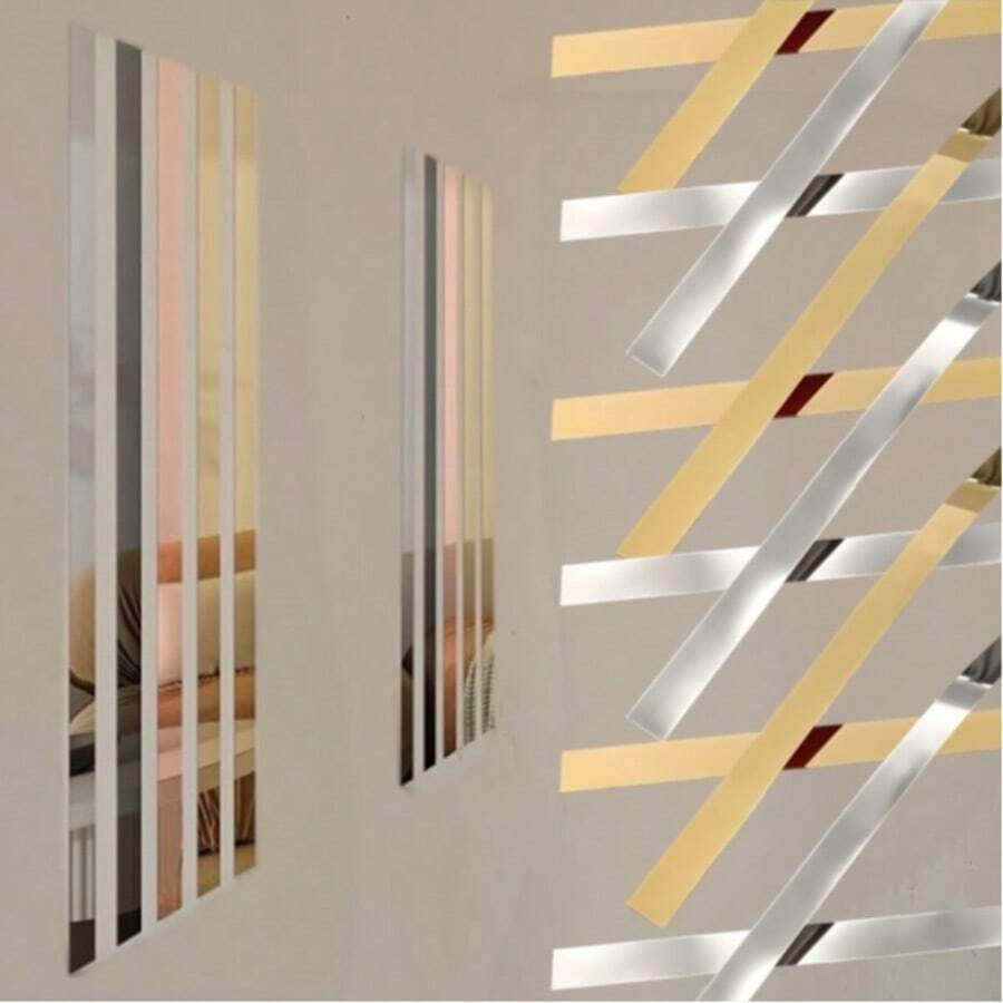 6pcs Long Silver Acrylic Mirror Wall Stickers, Self-Adhesive Mirror Edge Trim, Mirror Decorative Line, Flexible Mirror Strip, Suitable For Wall Frames And Home Art Decoration - Short Style - View 1