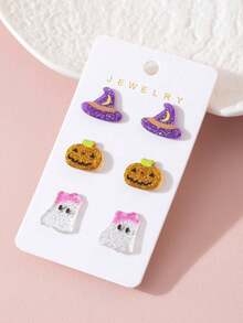 3 Pairs/Sets Halloween Pendant Earrings, Fun Cute Playful Design, Halloween Party Ear Accessories - Multicolor - View 2