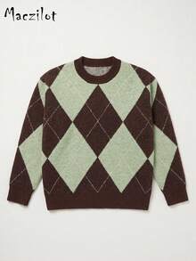 Plus Size Women Argyle Color Block Jacquard Crew Neck Knit Sweater, Fall Winter Long Sleeve Loose Slimming Pullover, Casual Commute Shopping Outfit - Multicolor - View 8