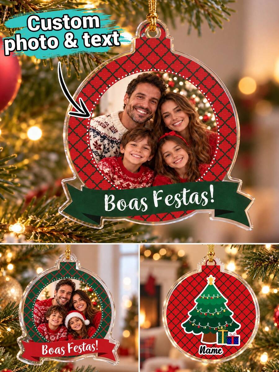 Custom Christmas Ball Photo Ornament,Personalized Family Picture Christmas Tree Decorations,Festive Red Green Holiday Hanging Decor,Customized Name And Text Keepsake For Xmas Gifts, Customizable Christmas Ornament,Home Decor,Merry Christmas - Style C - View 1