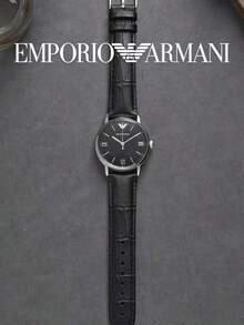 Emporio Armani Minimalist Men's Quartz Watch, Silver Case Black Dial Roman Numerals, Crocodile Embossed Black Leather Strap Business Formal Men's Watch - one-size - View 5