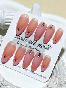 10 piezas de uñas postizas de almendra nude con rubor, hechas a mano, forma octogonal, diseño starburst dorado, polvo espejo mágico 3D, estilo francés, lindas, sencillas, de moda y de alta gama - Multicolor - Ver 7