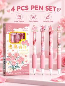 4pcs Romantic Rose Pen Set - Cute Decorative Pens For Journaling, School And Office Use With Comfortable Grip Design - Sets - View 1