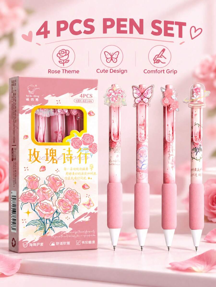 4pcs Romantic Rose Pen Set - Cute Decorative Pens For Journaling, School And Office Use With Comfortable Grip Design - Sets - View 1