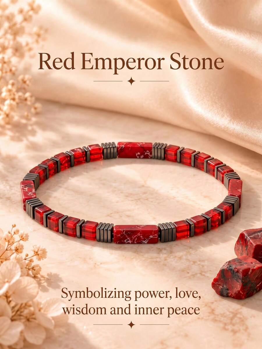 Elegant Red Imperial Stone 5mm Tube Bead Bracelet, Symbolizing Power, Love, Wisdom And Inner Peace, Handmade Elastic Cord Spiritual Jewelry, Suitable For Daily Wear - Red - View 1