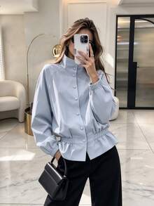QIANZHIDU SUNSTORY Women's Autumn Light Blue Stand Collar Single-Breasted Elastic Waist Ruffle Hem Long Sleeve Blouse, Suitable For Commuting, Daily Outings, Shopping - Baby Blue - View 3