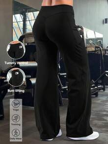 High Waist Straight Leg Pants With Phone Pocket, Dual Use For Running And Daily Commute - Black - View 3