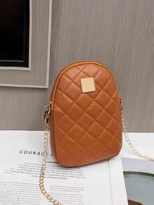 1pc Women's Minimalist Rhombus PU Phone Bag, Solid Color Metal Square Logo Chain Mini Crossbody Shoulder Bag, Daily Commute - M1978 - View 5
