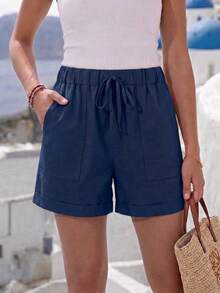 Plus Size Women's Solid Minimalist Casual Shorts With Pockets Summer - Navy Blue - View 2