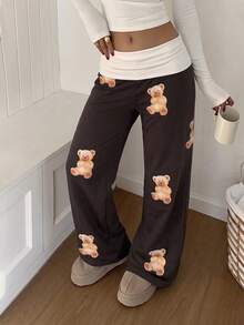 SCARLUX Fall Women Y2K Cute Teddy Bear Print Wide Leg Trousers, Fold Waist Casual Pants For Back To School Daily Commute - Brown - View 4