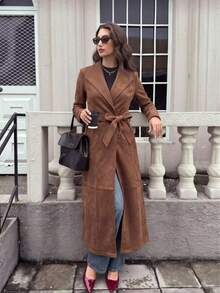 Ladies' Autumn Elegant Solid Color Collar Belt Long Sleeve Coat Office - Chocolate Brown - View 4