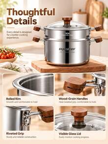 Nồi hấp inox 316L 2 lớp hấp và nấu kèm nắp kính, dùng được cho bếp ga và bếp từ, nồi chiên xào hầm nấu canh rau cho nhà bếp gia đình - Xem 6