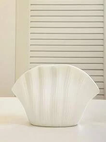 1pc White Shell-Shaped Vase, Ribbed Fan Seashell Flower Vase, Nordic Minimalist Living Room Table Decor - Shell - View 8