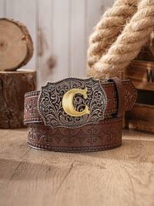 1pc Western Cowboy Style Belt With Letter Embossed Metal Buckle, PU Leather Embossed Belt, Unisex (Includes 1 Hole Puncher) - Coffee Brown - View 11