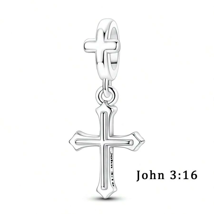 1件鍍銀簡約3D十字架刻字John 3:16宗教吊墜，適合項鍊、蛇形手鍊與項鍊DIY配件