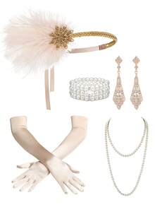 5-Piece Set 1920s Flapper Feathers Headband Alloy Rhinestone Earring Long Choker Necklace Satin Gloves Set For Women Accessories Gatsby Theme Party - Multicolor - View 13