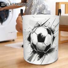 Sports Soccer Patterned Laundry Basket, Foldable Round Storage Basket, Black And White Ink Art Soccer Pattern Dirty Clothes Bin, Home Decor Storage Box With Handle, Space-Saving Storage For Bedroom Bathroom Dorm, Soccer Fan Holiday Gift - White - View 3