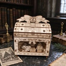 1Pc, 9.2*8*11.5cm 3D Puzzle Self Assembly Wooden Music Treasure Box, Vintage Natural Wood Engraved Pattern House Shape Hand Crank Musical Box For Christmas Holiday Decor - Brown - View 2