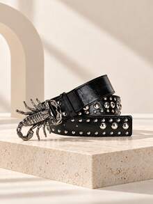 1pc Punk Y2K Rock Style Four-Sided Skull Buckle Black Rivet Women's Belt, Suitable For Long Skirts, Jeans, Party, Christmas - 4-sided Skull Black - View 30