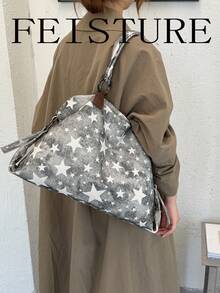 1pc Star Pattern Large Capacity Shoulder Bag, Casual Women's Tote Bag, Double Handle Design, Zipper Closure, Suitable For Daily Shopping, New Women's Handbag, Office Bag - Grey - View 9