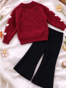 WUHUANG YIYI Girls 2-Piece Set Chinese Style Solid Color Cable Knit Diamond Texture White Heart Cable Raglan Sleeve Knit Sweater Top With Vertical Ribbed Black Knit Flared Long Pants Outfit, Festive Holiday Style, Versatile For Autumn/Winter - Red - View 2