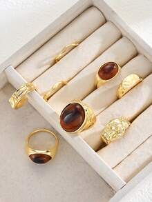 8pcs Fashionable Minimalist Elegant Exquisite Vintage Design Round Brown Faux Tiger Eye Stone Geometric Ribbon Wave Faux Gem Shiny Asymmetrical Pleated Textured Exaggerated Wide Chunky Rings Multi-Piece Set Stackable Holiday Vacation Party Date Gift Daily Commute Wear Personalized - Yellow Gold - View 3