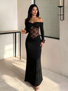 Autumn Black Off Shoulder Lace Dress, Women's Elegant Dress For Homecoming, Party, Date - Black - View 2
