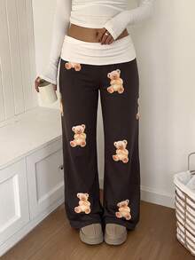 SCARLUX Fall Women Y2K Cute Teddy Bear Print Wide Leg Trousers, Fold Waist Casual Pants For Back To School Daily Commute - Brown - View 3