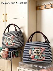 Handbag Printed With Yarn, Scissors And Knitting Needles For Storing Sewing Tools, Makeup And Personal Items. Multiple Fresh Striped Color Options, Suitable For Craft Enthusiasts And Commuters, Artistic Handmade Healing Style, Perfect As A Practical Creative Gift For Girls Who Love Knitting And Sewing - Multicolor - View 8
