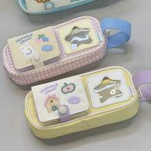 1pc Vintage Star Window Embroidery Pencil Case, Large Capacity Layered Student Stationery Storage Bag. Selected Durable Canvas Fabric, Paired With Exquisite Cartoon Embroidery Applique, Fine Stitching And Neat Workmanship, Resistant To Threading And Deformation. Front Star Mesh Window Pocket Can Store Sticky Notes, Cards And Other Small Items; Main Compartment Layered Large Capacity Space Can Hold Pencils, Erasers, Rulers, Correction Tapes And Other Learning Supplies. Smooth Zipper Opening And Closing Without Jamming - Multicolor - View 3