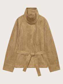 Women's Autumn/Winter Long Sleeve Stand Collar Belted Suede Texture Jacket - Khaki - View 3